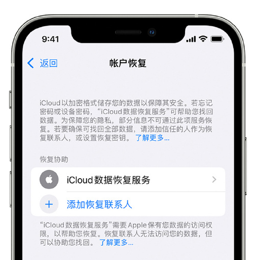 景东苹果手机维修分享在 iPhone 上设置帐户恢复联系人的方法 