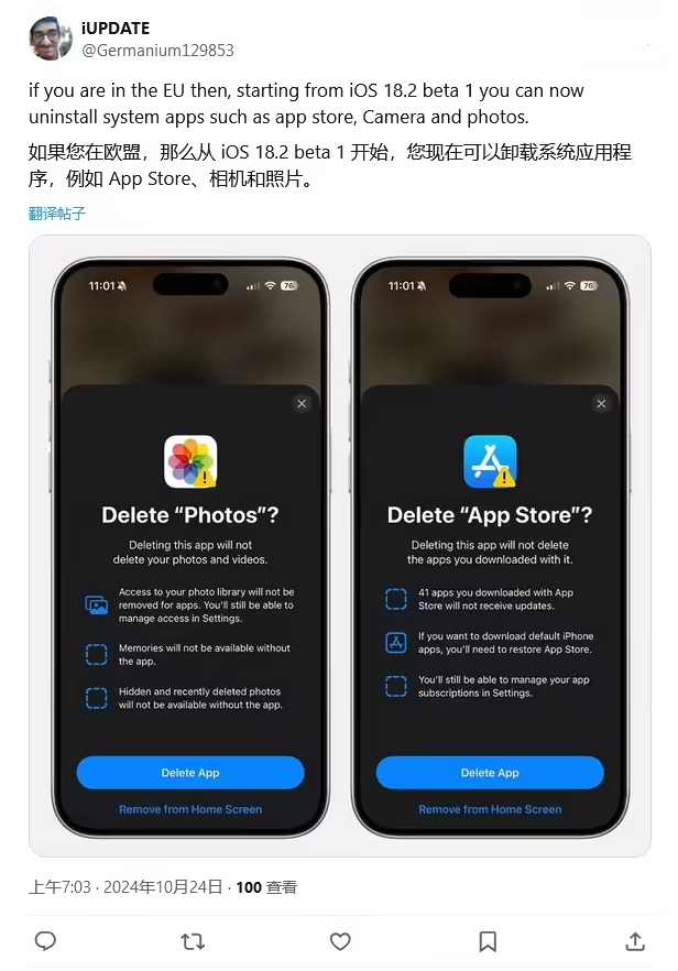 景东苹果手机维修分享iOS 18.2 支持删除 App Store 应用商店 