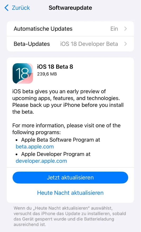 景东苹果手机维修分享苹果 iOS / iPadOS 18 开发者预览版 Beta 8 发布 